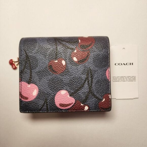NWT Coach CZ347 Snap Wallet Denim Blue Signature Canvas Pink Cherry Print - Picture 2 of 3